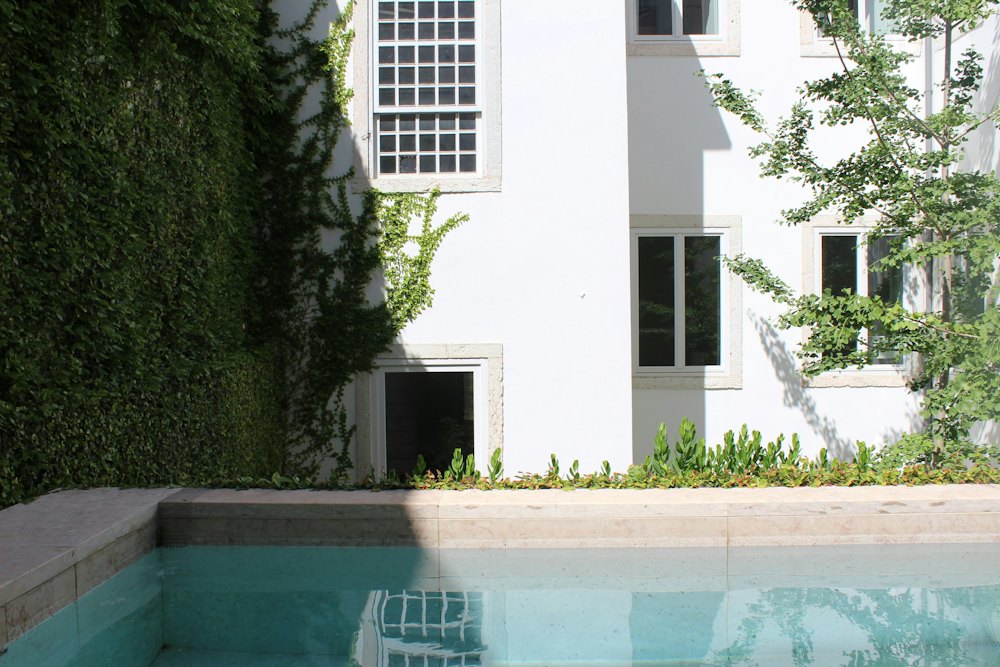 The plunge pool beside the white house and an ivy wall