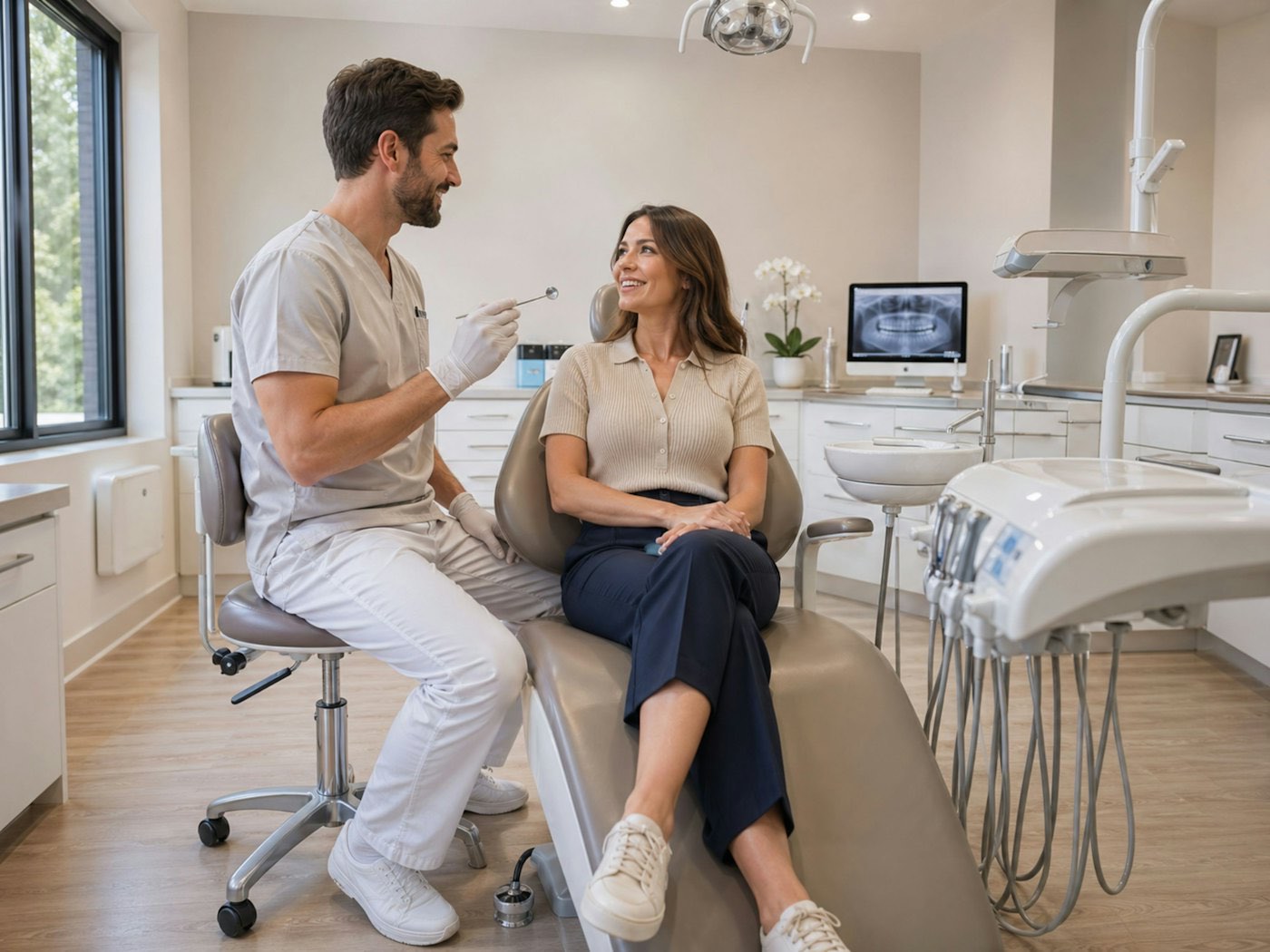 A dentist talking with a patient in a bright treatment room